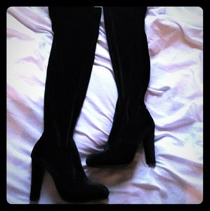 Forever, Black Velvet Thigh High Heel Boots